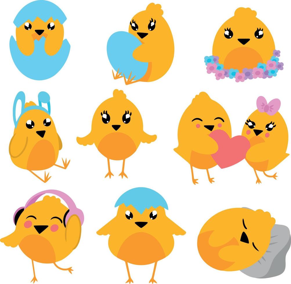 conjunto de diferentes pollos lindos. emergen de los huevos de pascua escuchan música dan sueño al corazón. ilustración vectorial colección de pollitos de Pascua aislado sobre fondo blanco. elemento de diseño vector