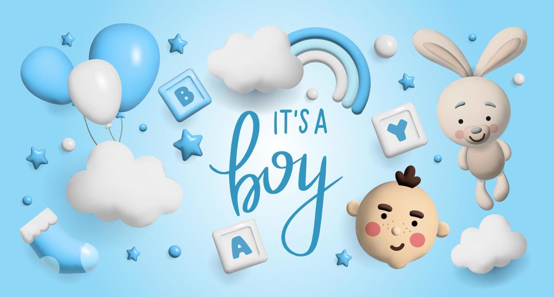 Baby shower 3d space. Banner poster on Baby shower in render style. Lettering it's a boy 3 d style. vector
