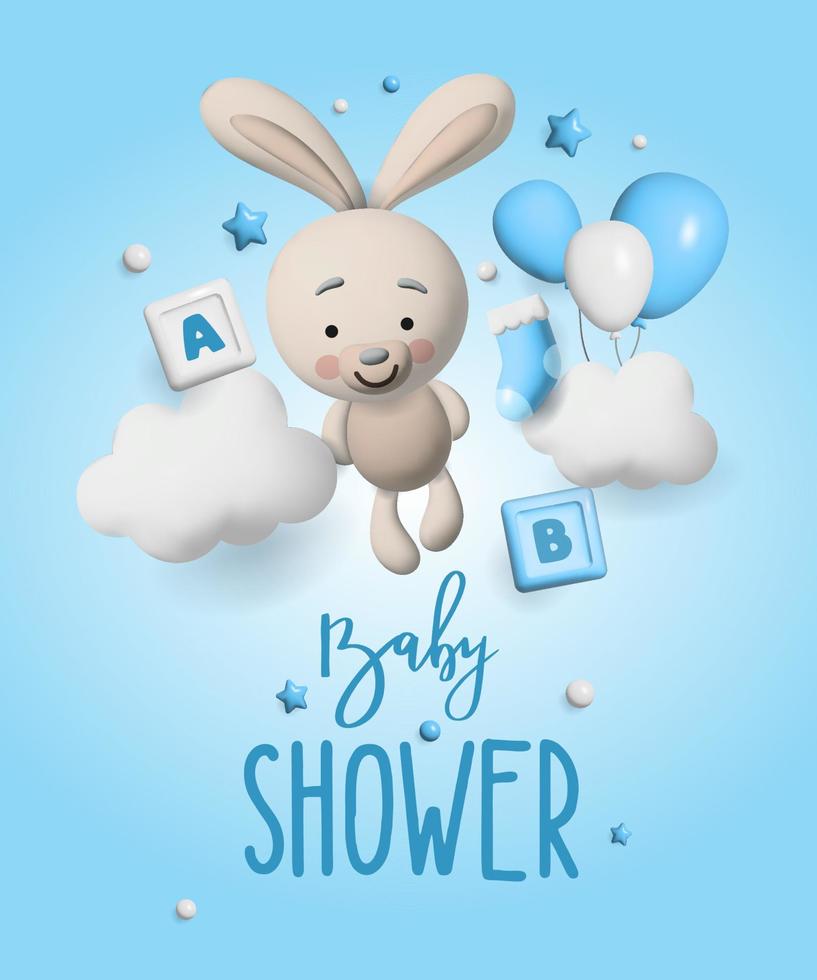 espacio 3d de la fiesta de bienvenida al bebé. cartel de banner en baby shower en estilo render. bebé de letras. ilustración vectorial en estilo 3 d. vector