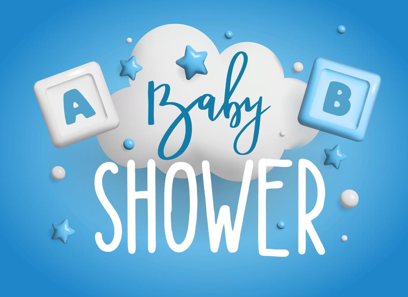 Baby shower 3d space. Banner poster on Baby shower in render style. Lettering it's a boy. Vector  in 3 d style.