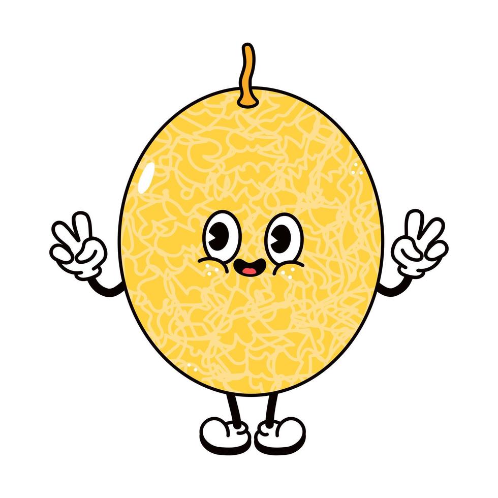 Cute funny melon waving hand character. Vector hand drawn traditional cartoon vintage, retro, kawaii character illustration icon. Isolated on white background. Melon character concept