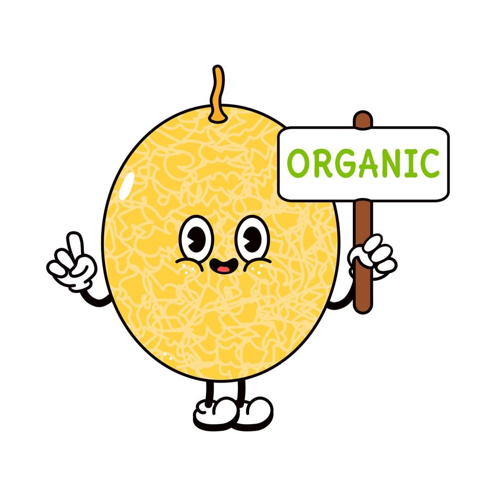 lindo melón divertido con un carácter orgánico de inscripción. vector dibujado a mano dibujos animados tradicionales vintage, retro, icono de ilustración de carácter kawaii. fondo blanco aislado. personaje de melón