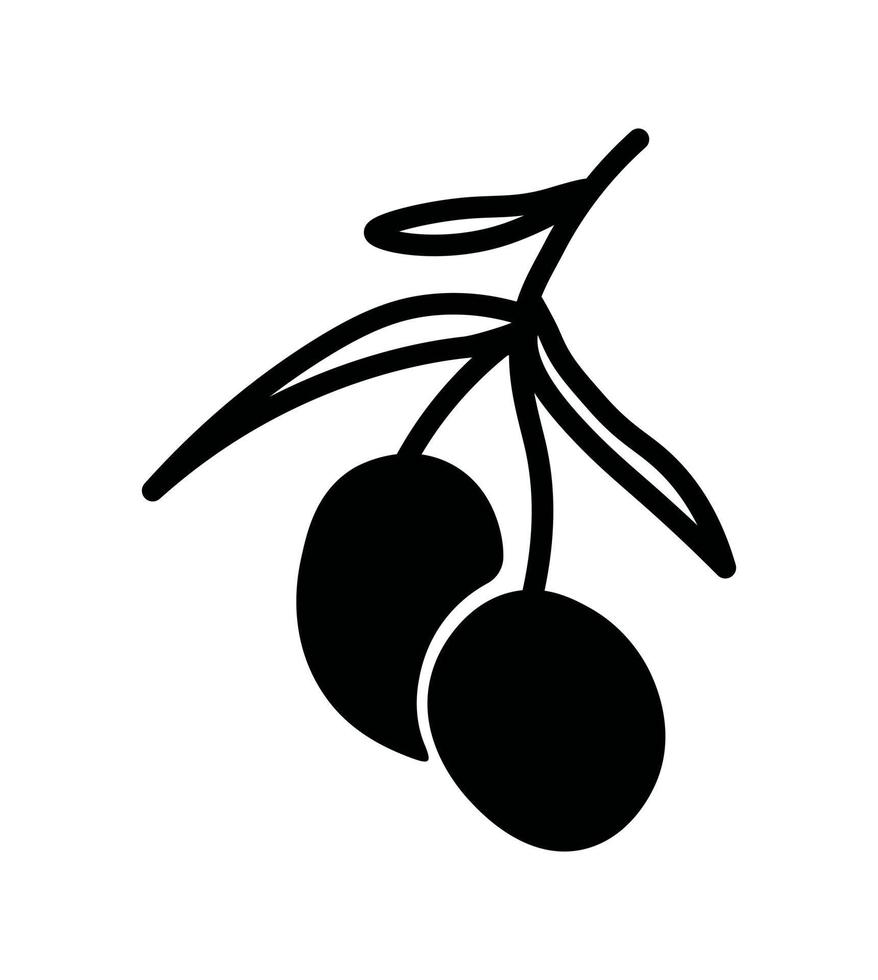 Olive branch ligo design element, simple vector illustration isolated on white background. Organic extra virgin olive oil branding label. Outline silhouette, graphic emblem design. Food shape print.