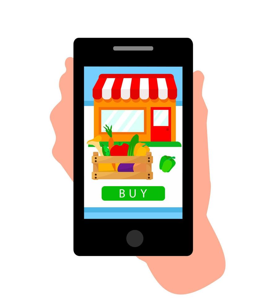 Local online vegetable shopping on a smartphone. Customer web interface concept. Organic fresh farm food illustration in flat style isolated on white background. Phone in hand, internet marketing. vector