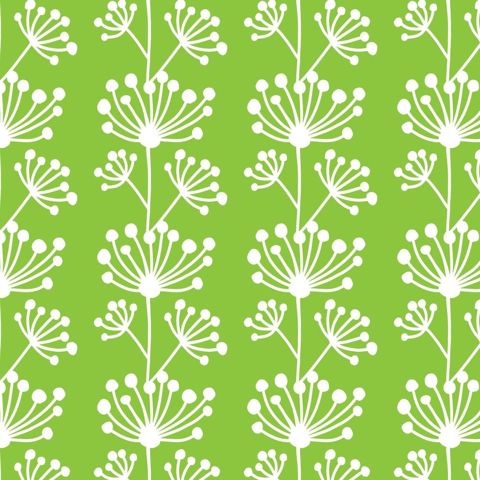 Seamless floral pattern. Simple outline vector illustration. Graphic fabric print template. Doodle line art background with flowers. Scrapbook or wrapping paper. Herbal silhouette on green background.