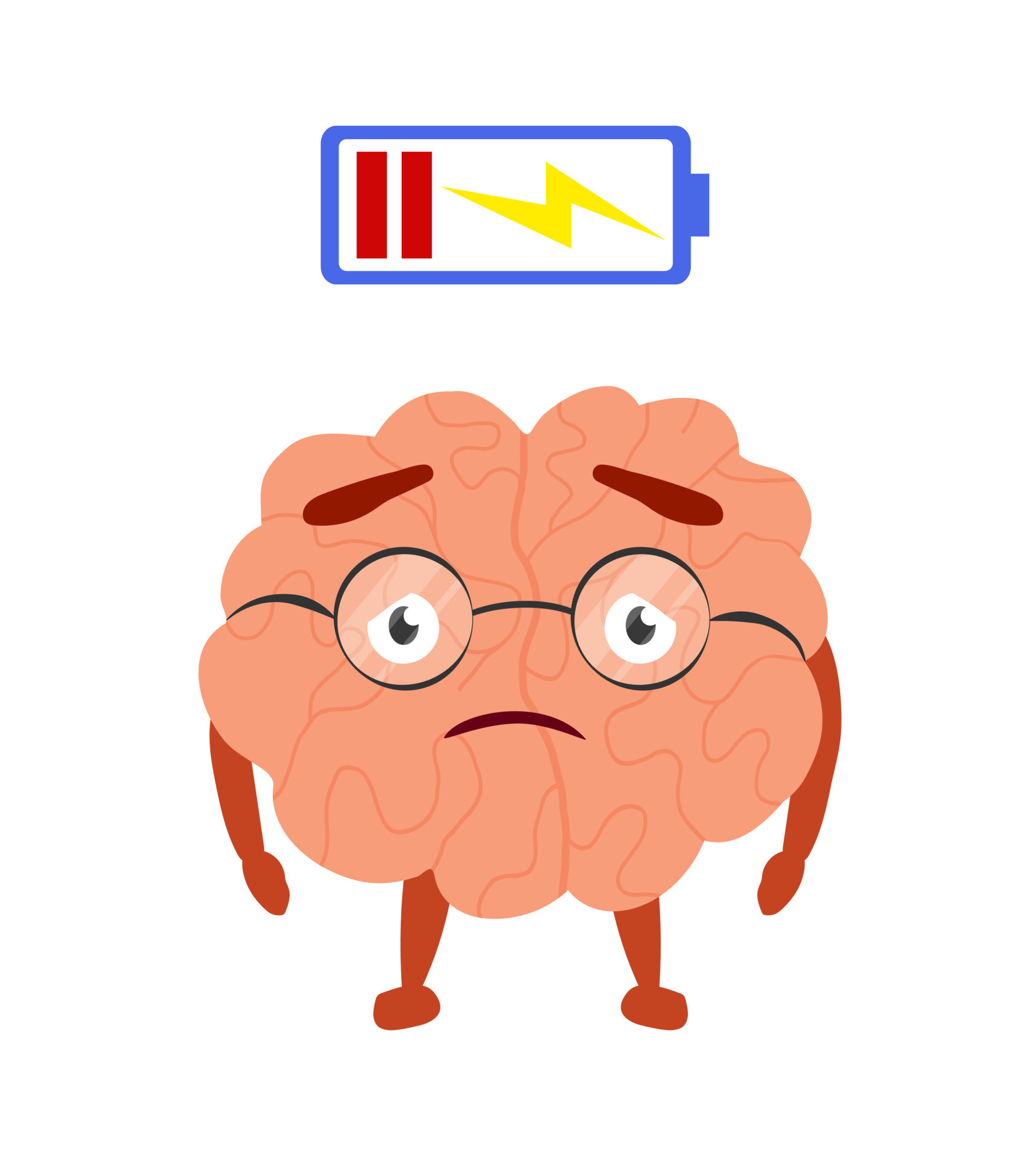 Cute brain character with low life battery. Tiredness concept. Cartoon  vector illustration isolated on white background. Sad unhappy fatigue  mascot. 9157407 Vector Art at Vecteezy