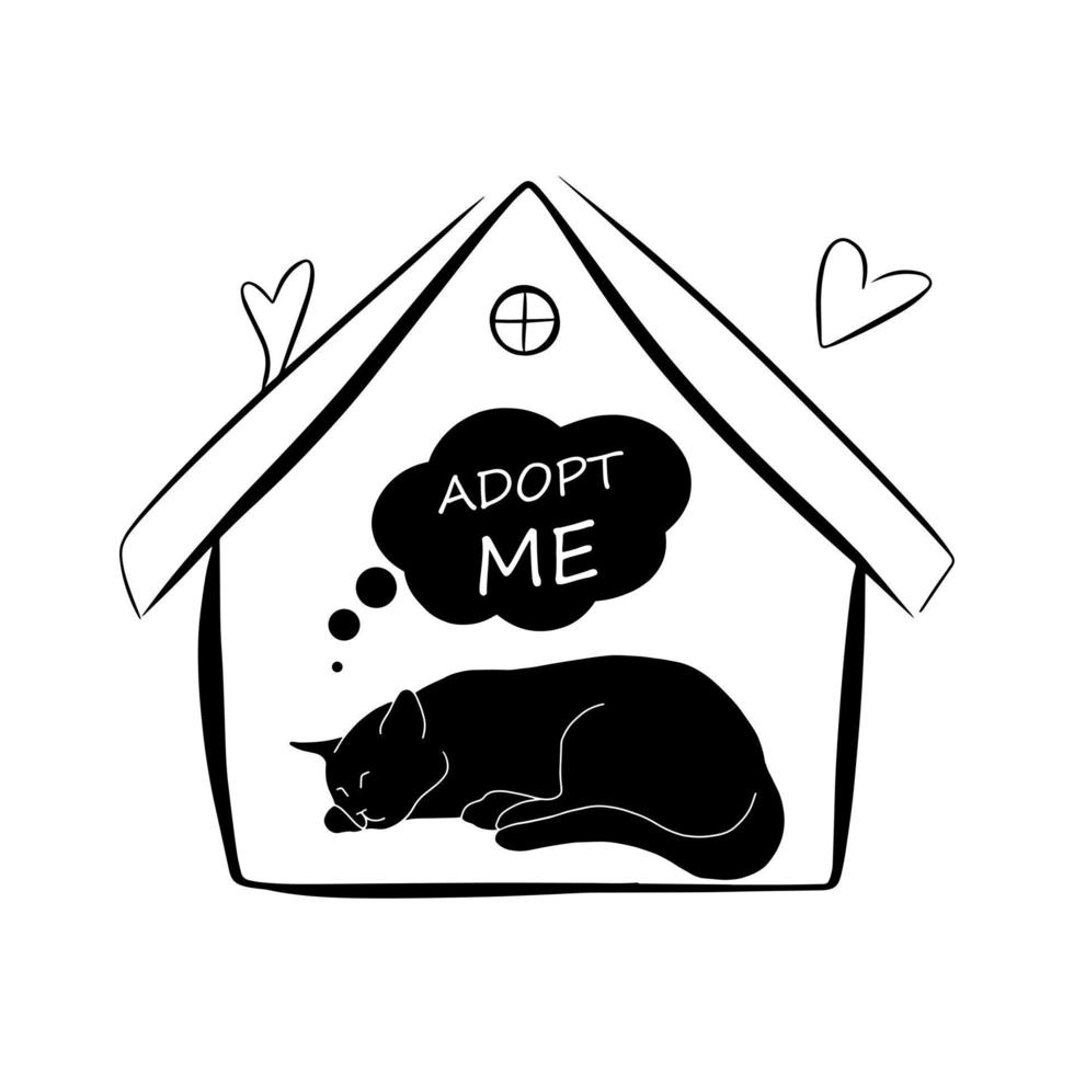 Cute cat animal with banner, adopt me phrase, conceptual illustration isolated on white background. Doodle vector drawing. Rescue abandoned pet in shelter. Simple house silhouette.