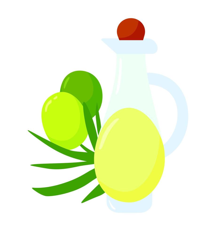 aceitunas verdes y botella de aceite de oliva ilustración de dibujos animados aislado sobre fondo blanco. vector colorido concepto de comida saludable orgánica fresca. elemento de diseño de marca de logotipo. tarro de cristal de aceite.