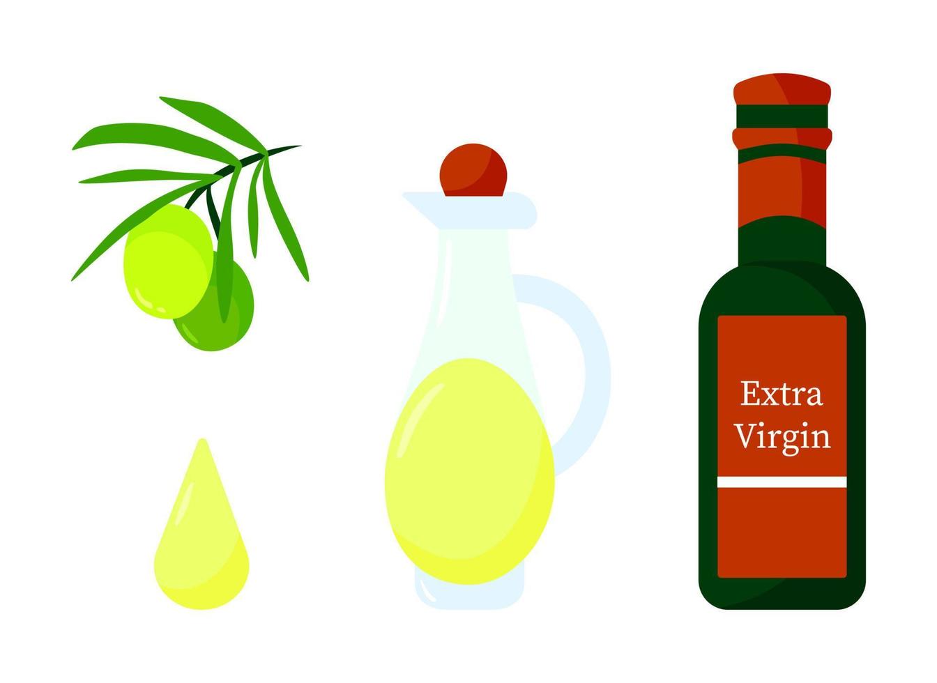 rama de olivo verde con frutas y botella de aceite de oliva ilustración de dibujos animados aislado sobre fondo blanco. vector colorido concepto de comida sana orgánica fresca. elemento de diseño de marca de logotipo. conjunto de iconos de aceitunas