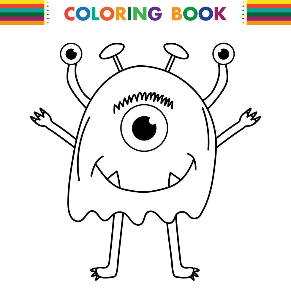 Funny and cute Alien monster with three eyes for kids. Imaginary creature for children coloring book, black and white outline fantasy cartoon for coloring pages. vector