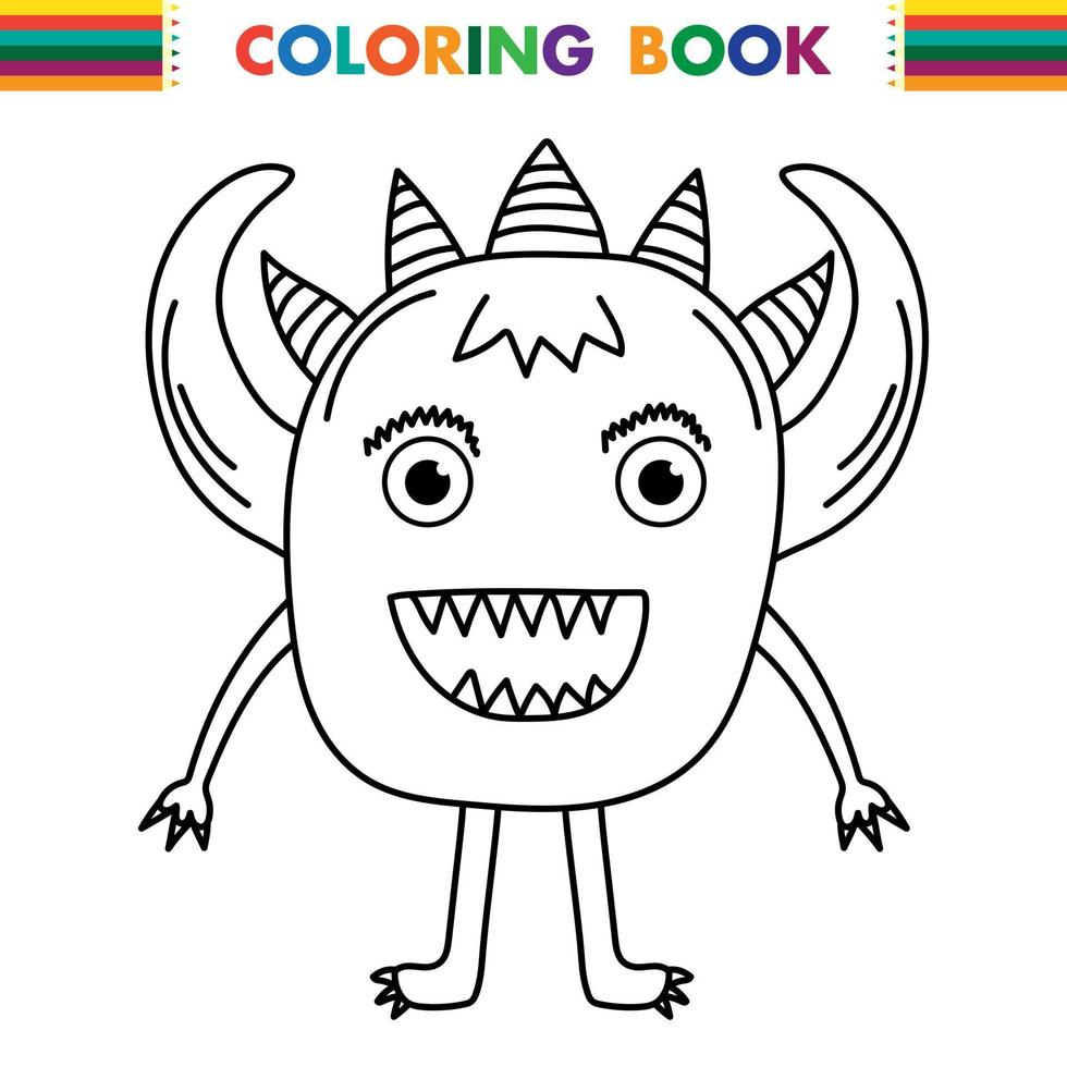 Funny and cute Alien monster with three eyes for kids. Imaginary creature for children coloring book, black and white outline fantasy cartoon for coloring pages. vector