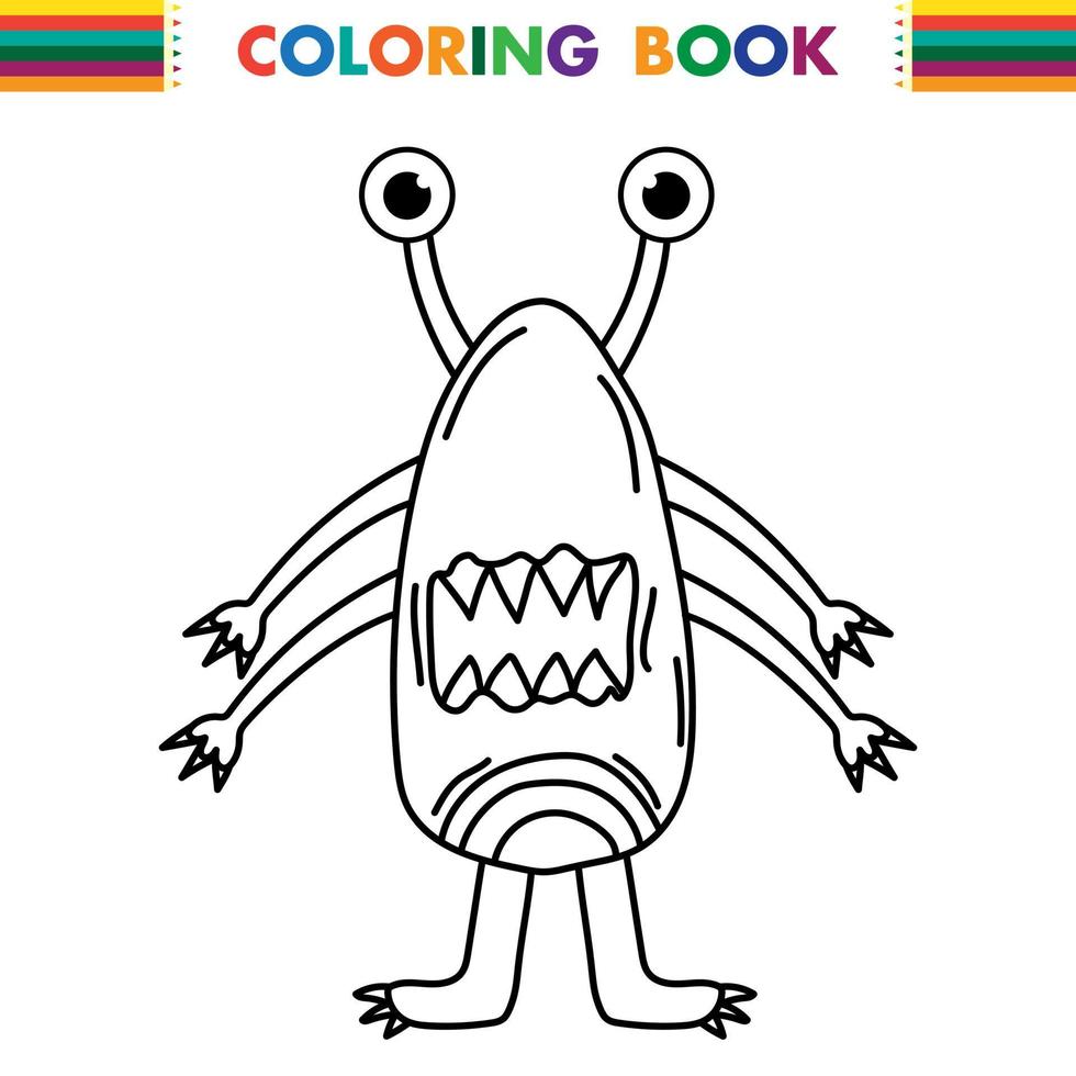 Funny and cute Alien monster with three eyes for kids. Imaginary creature for children coloring book, black and white outline fantasy cartoon for coloring pages. vector