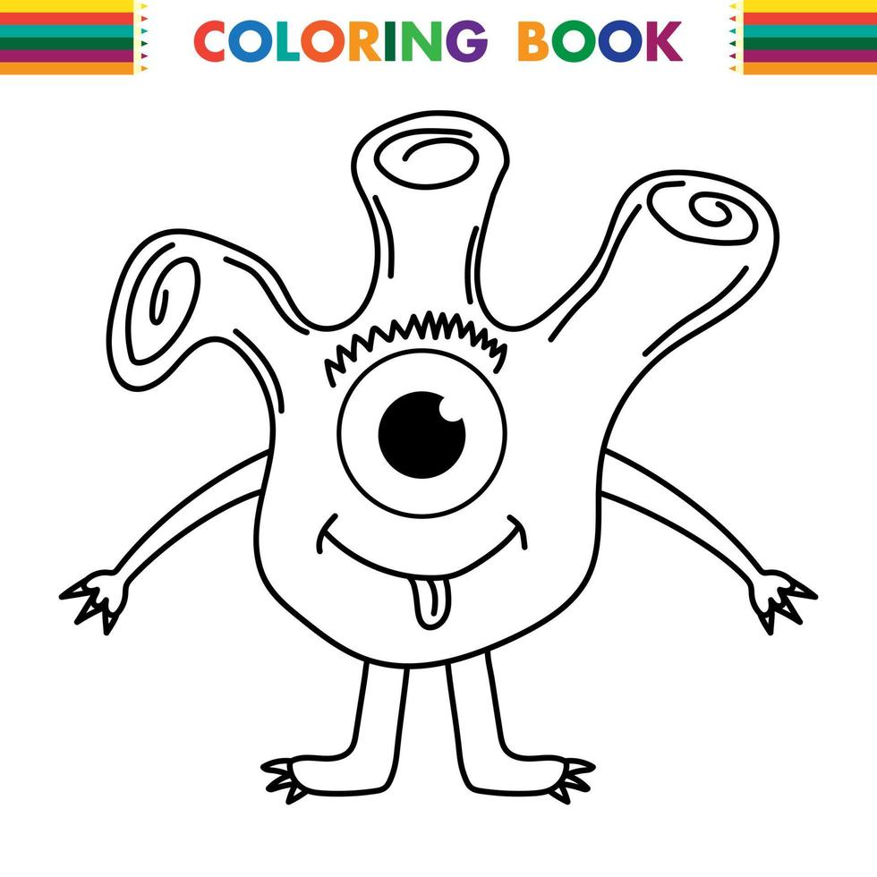 Funny and cute Alien monster with three eyes for kids. Imaginary creature for children coloring book, black and white outline fantasy cartoon for coloring pages. vector