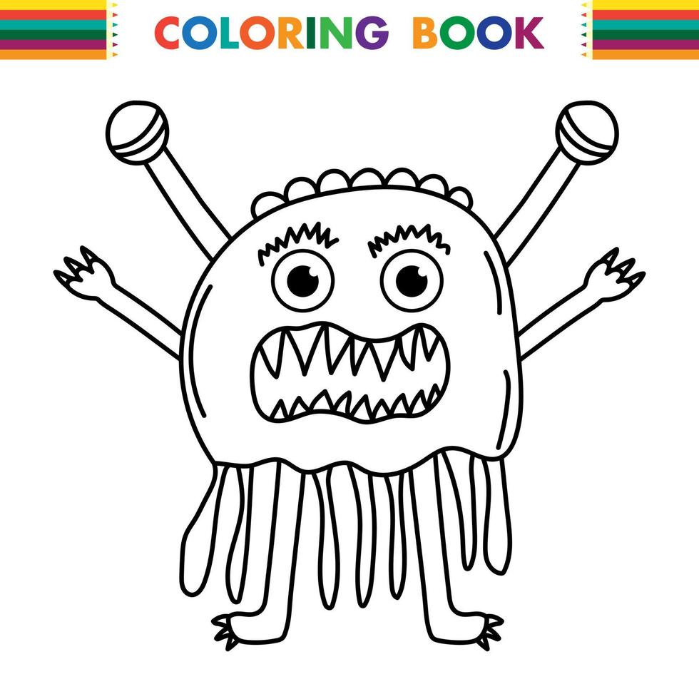 Funny and cute Alien monster with three eyes for kids. Imaginary creature for children coloring book, black and white outline fantasy cartoon for coloring pages. vector