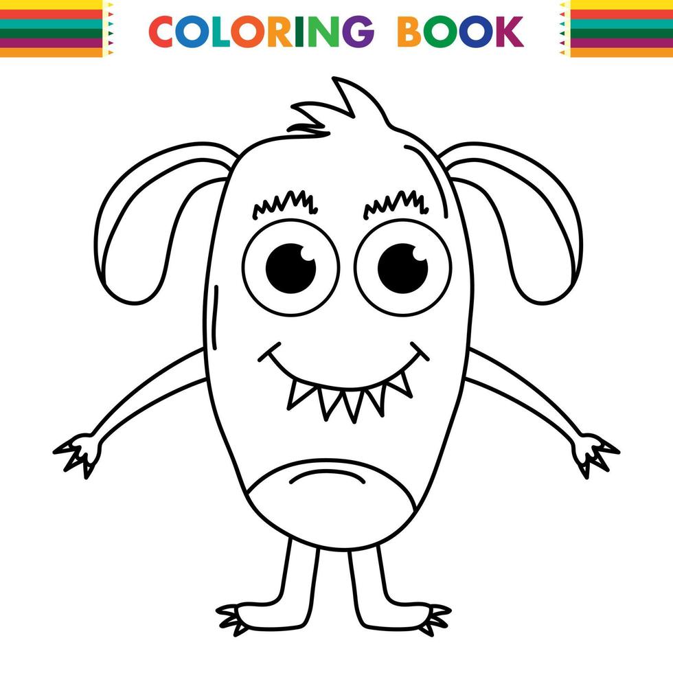 Funny and cute Alien monster with three eyes for kids. Imaginary creature for children coloring book, black and white outline fantasy cartoon for coloring pages. vector