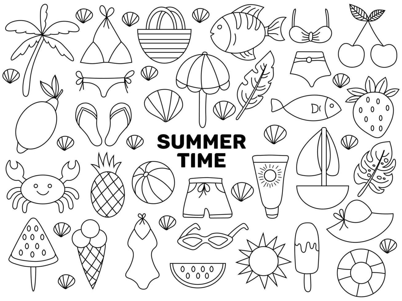 Large set of different summer items in black and white doodle style isolated on white background. Vector doodle illustration.