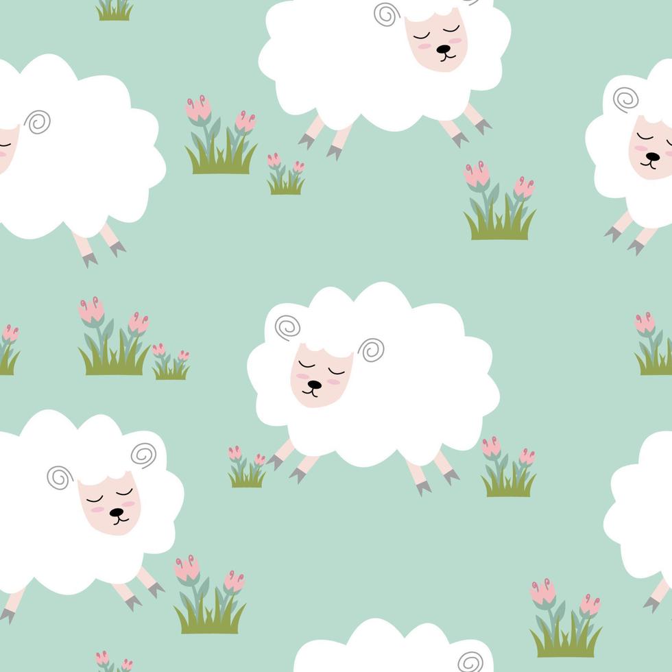 Seamless pattern with cute sheep and lambs. Loop pattern for fabric, textile, wallpaper, posters, gift wrapping paper, napkins, tablecloths. Print for kids. Children's pattern vector illustration