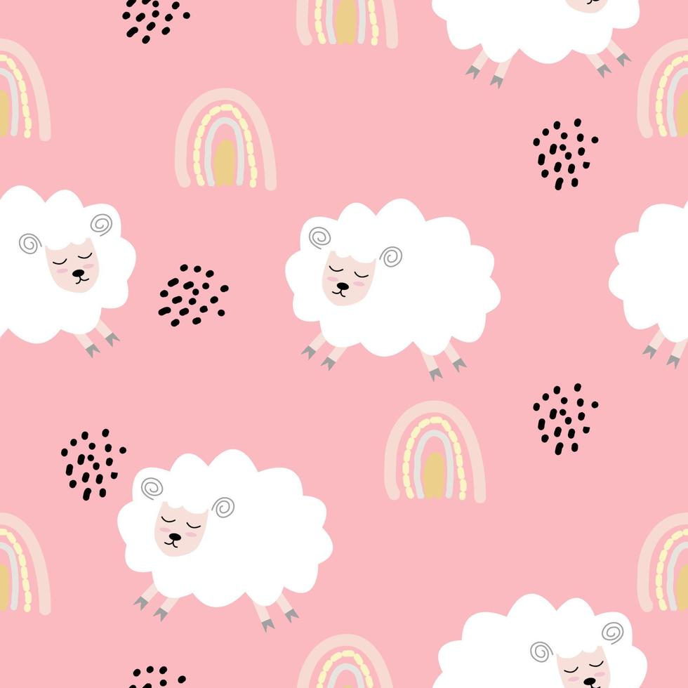 Seamless pattern with cute sheep and lambs. Loop pattern for fabric, textile, wallpaper, posters, gift wrapping paper, napkins, tablecloths. Print for kids. Children's pattern vector illustration