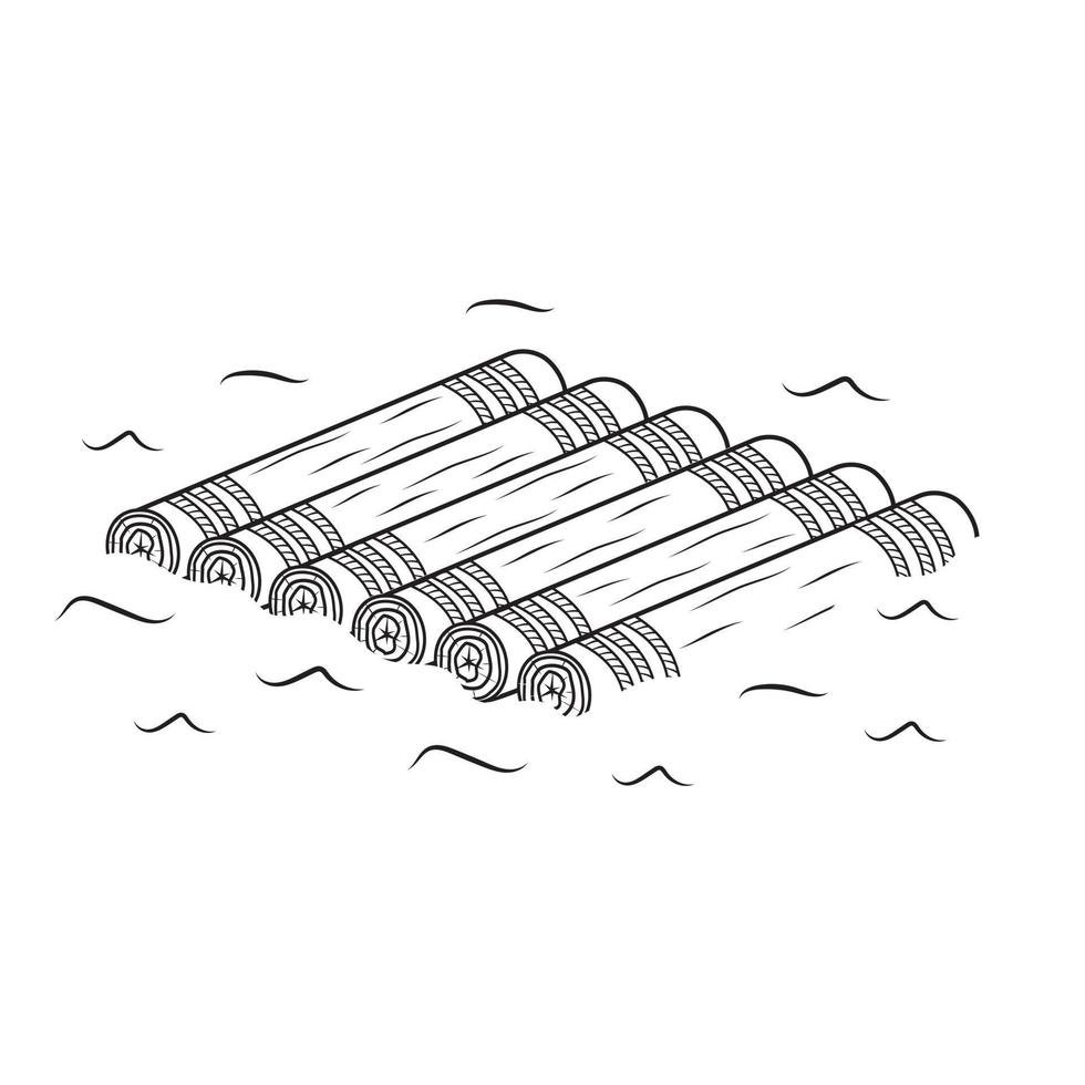 Wooden raft, isolated vector illustration black outline sketch doodle