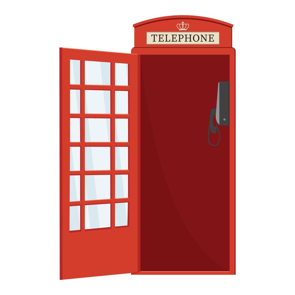 Red telephone booth with open door, color vector isolated cartoon-style illustration