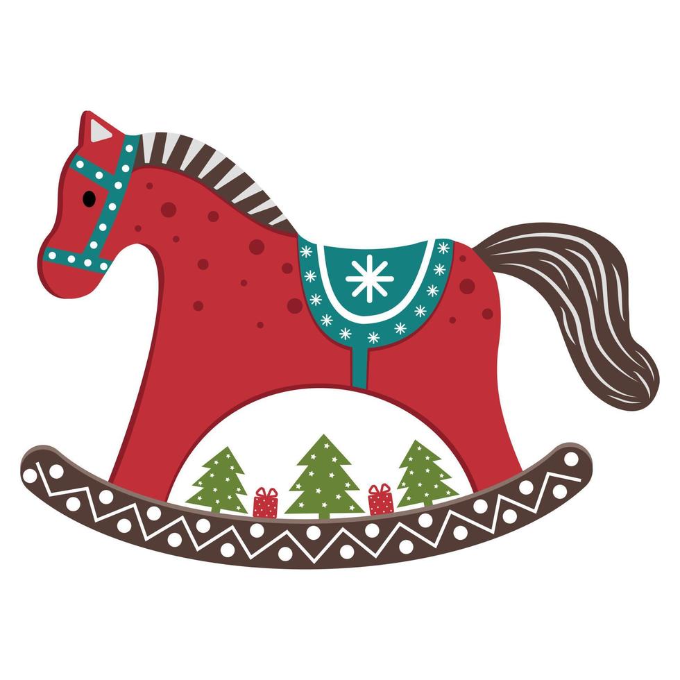 Christmas toy for the Christmas tree rocking horse in vintage style with a symbol of the New Year. Vector illustration isolated on a white background.