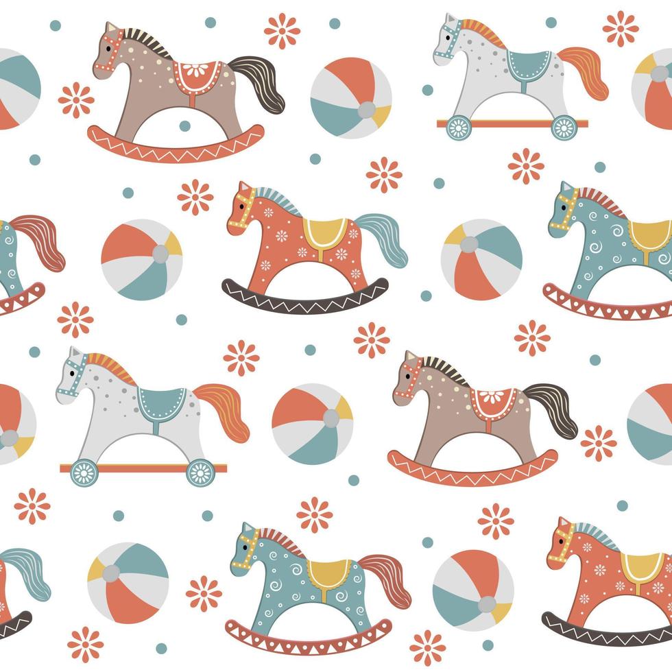 A children's pattern with a wooden horse in the boho style. Color vector illustration