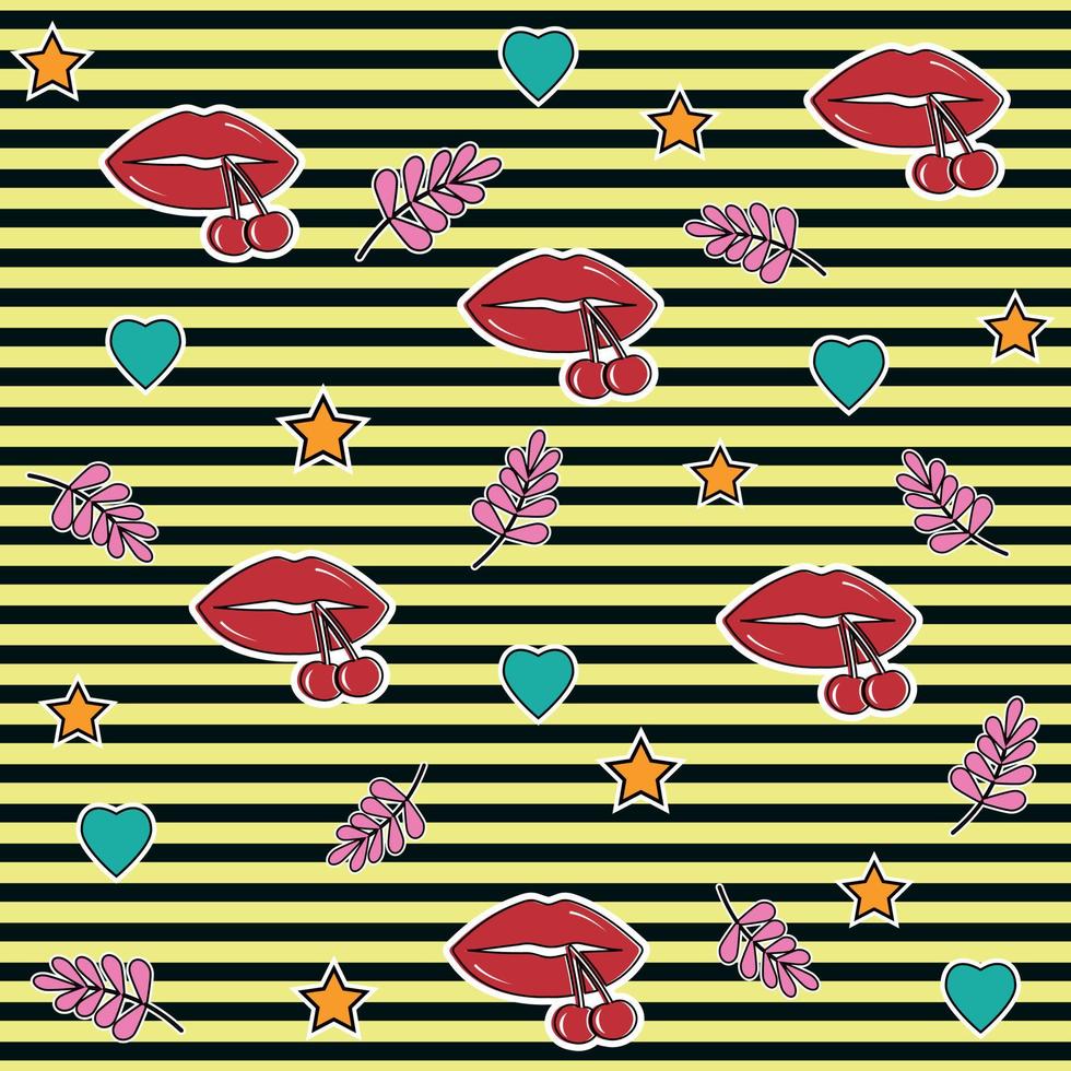 Vector lip pattern on a black-striped background. Wallpaper, fabric design, packaging, textile design template.
