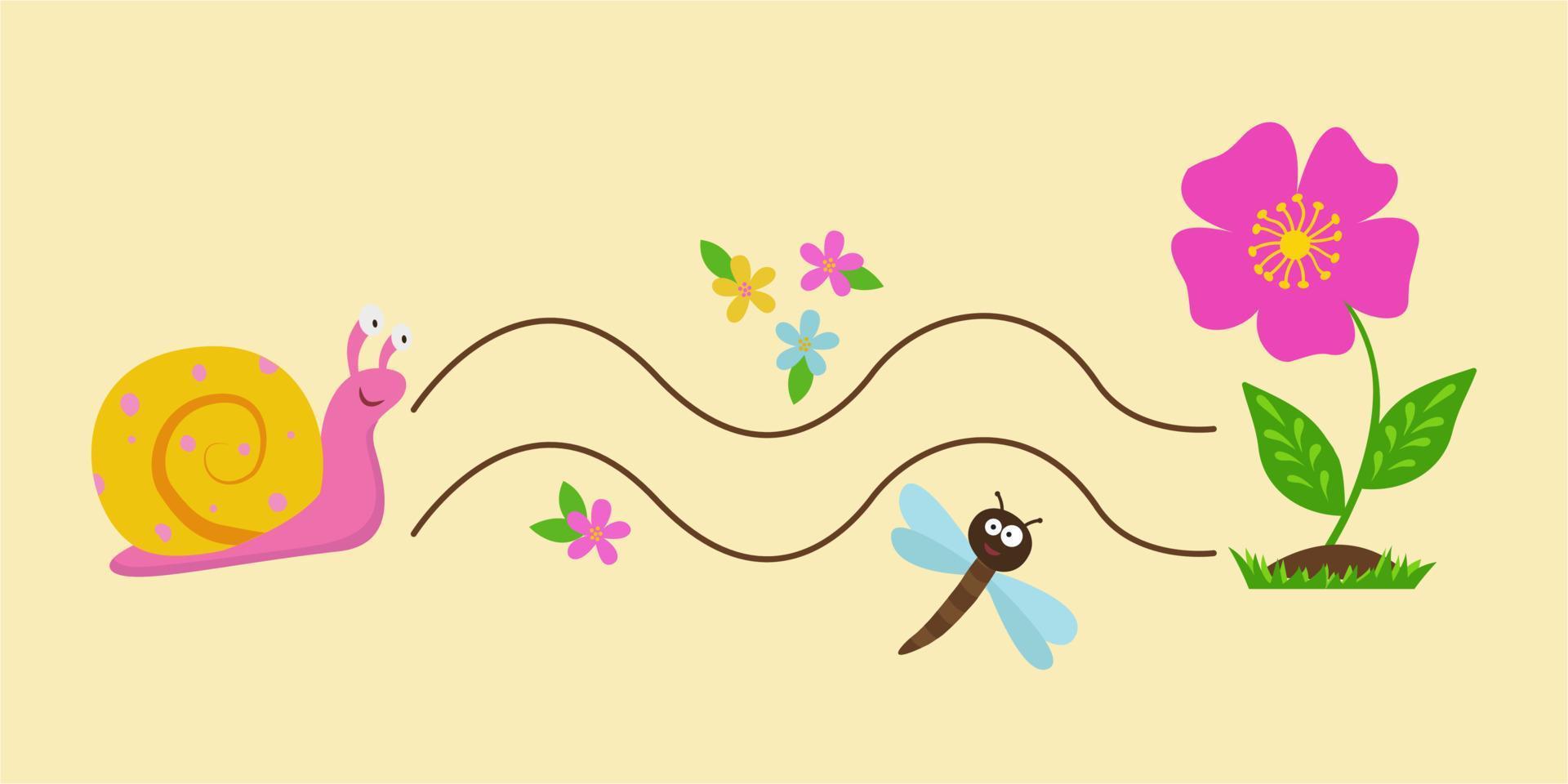 Draw a line between the snail and the flower. Handwriting practice for children.An educational children's game, a printed sheet for children with funny mistakes.Workshop on handwritten writing. vector