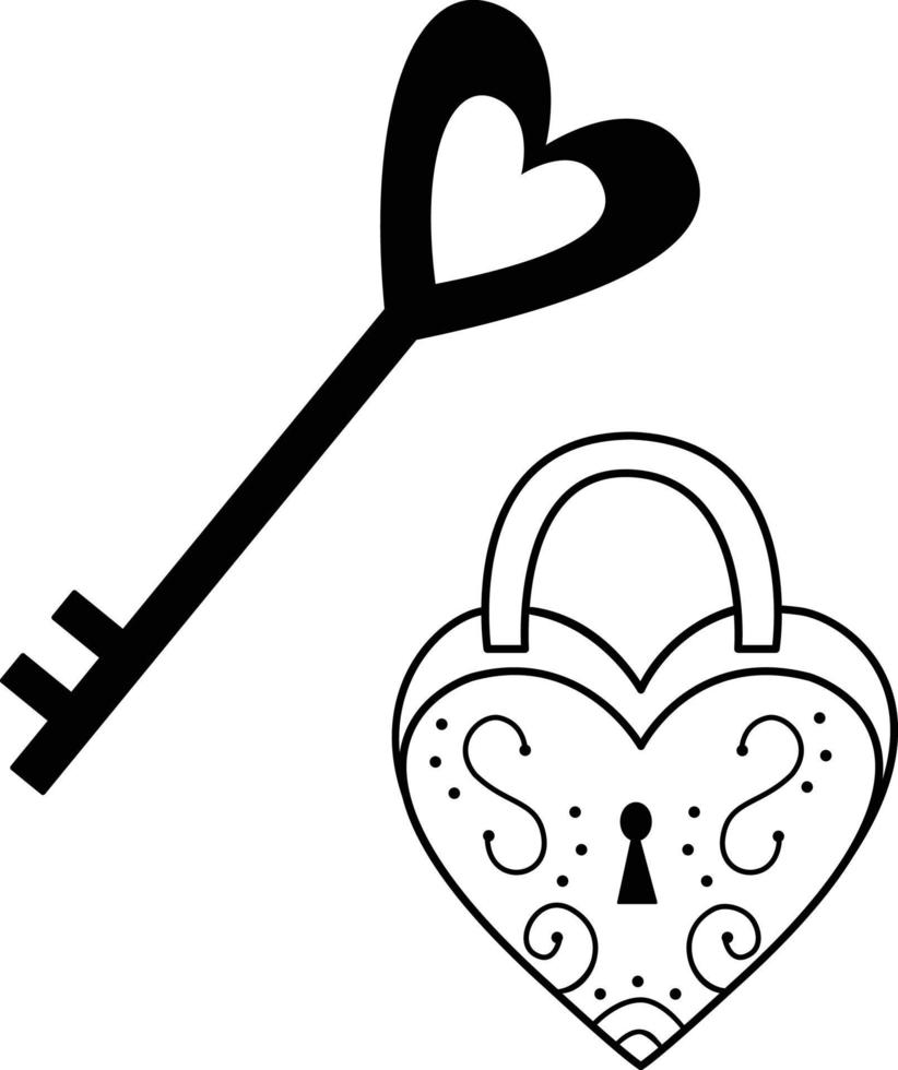 Vector image of a lock with a key. An element of the decor of a wedding celebration. valentine's day. Logo, icon. A simple contour vector, website or mobile application. Icon.