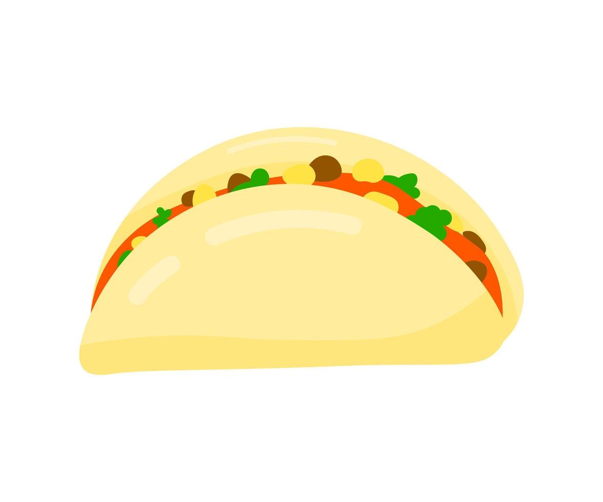 icono de vector aislado de taco. coloridos dibujos animados de comida mexicana. sabrosa comida rápida callejera tradicional.