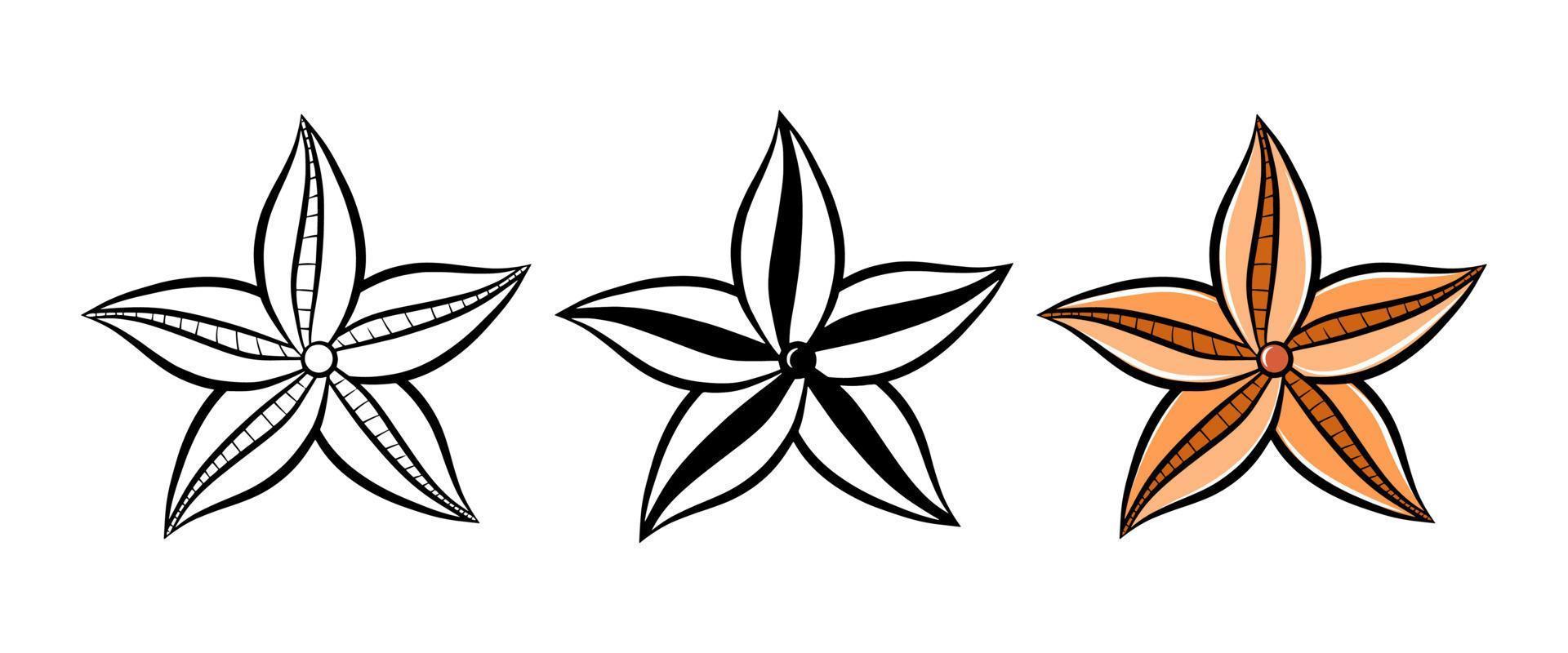 Starfish vector icon set. Isolated graphic logo design element. Ocean star fish silhouette. Aquatic sea wildlife animal. Doodle monochrome drawing template. Outline sketch sticker.