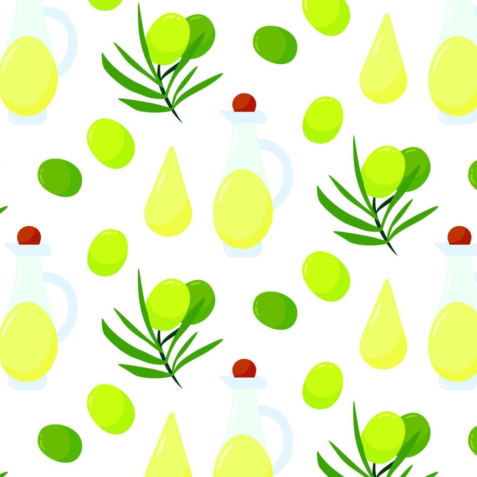 Green olives fruit branch cartoon seamless pattern, vector illustration isolated on white background. Colorful fresh organic olive oil jar concept. Logo branding design element. Fabric print template.