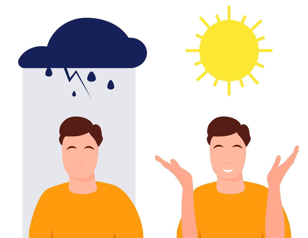 Young man character, depressed upset and happy mood, mental health concept, vector isolated flat illustration, optimist and pessimist, positive and negative emotion thinking. Person portrait set.