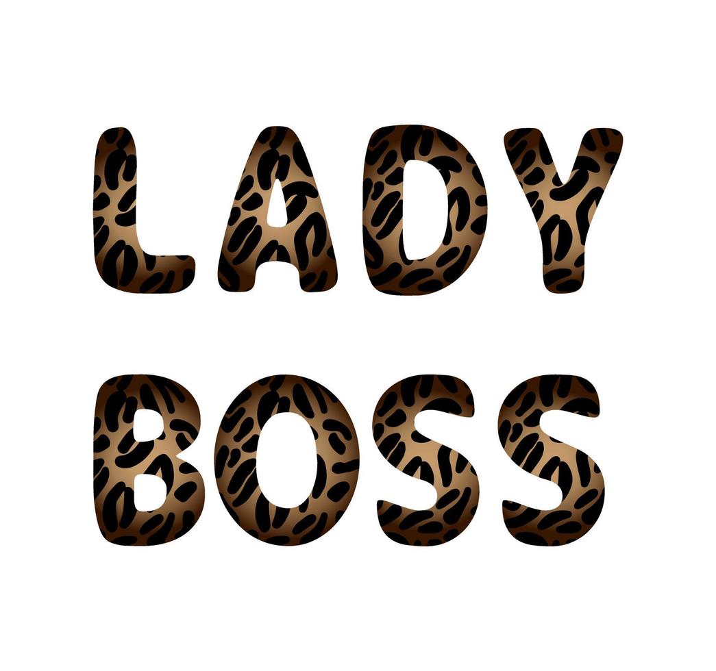 Lady boss leopard animal print textured text isolated on white background. Paper card design template. Beauty fashion glamour poster. Doodle hand drawn word lettering. vector