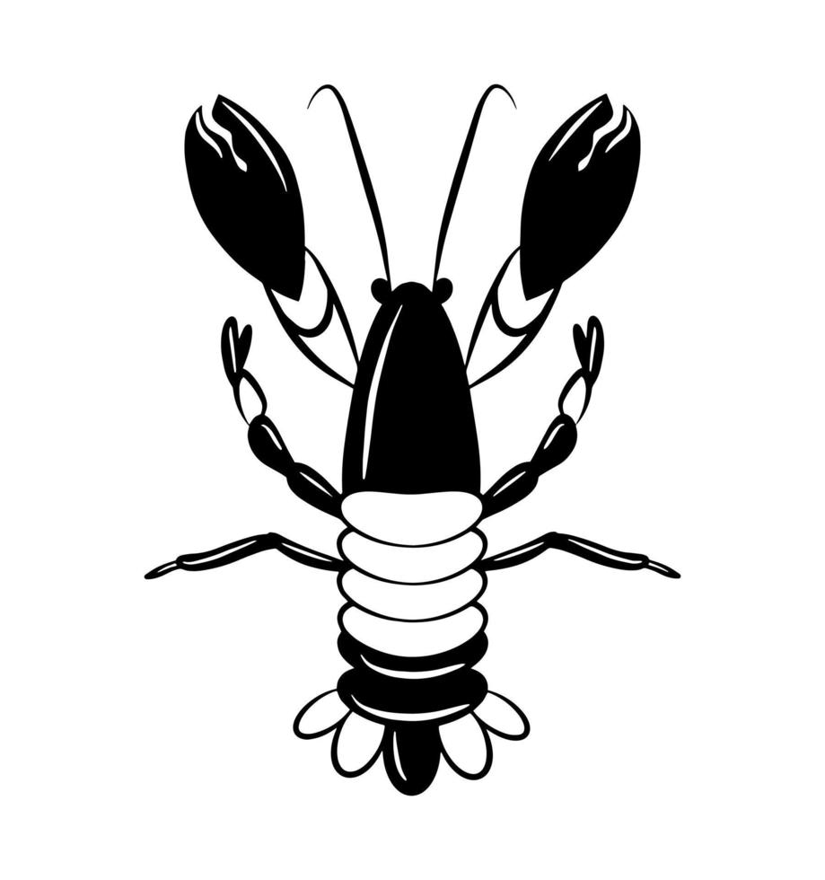 icono del logotipo de crustáceo de langosta, emblema gráfico de animales marinos, pegatina con forma de pez negro aislada en fondo blanco. silueta simple de mariscos. vector