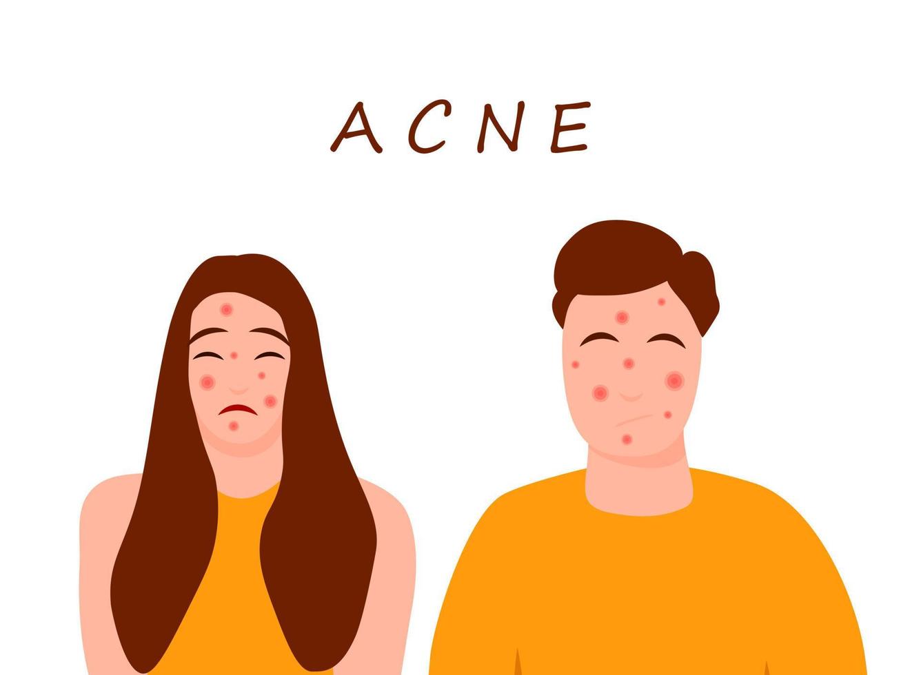 Cartoon teenage character set with acne skin. Skin problems concept. Colorful vector illustration isolated on white background. Medicine and health care.