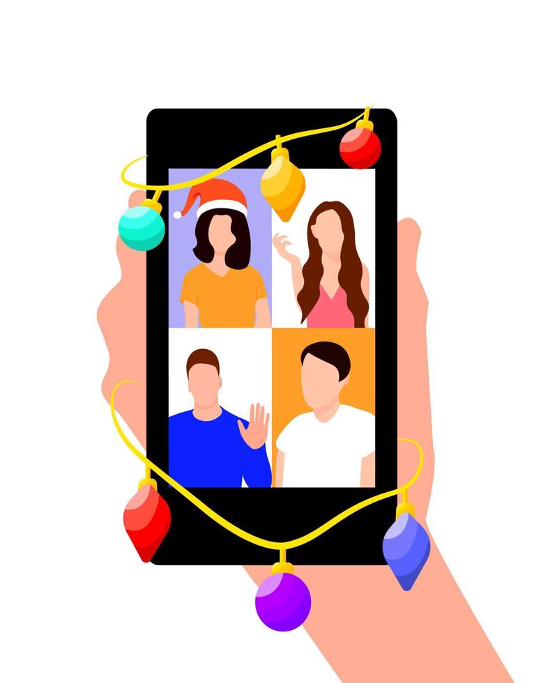 People meeting online via video conference on a smartphone on Christmas holiday. Vector conceptual illustration isolated on white background.