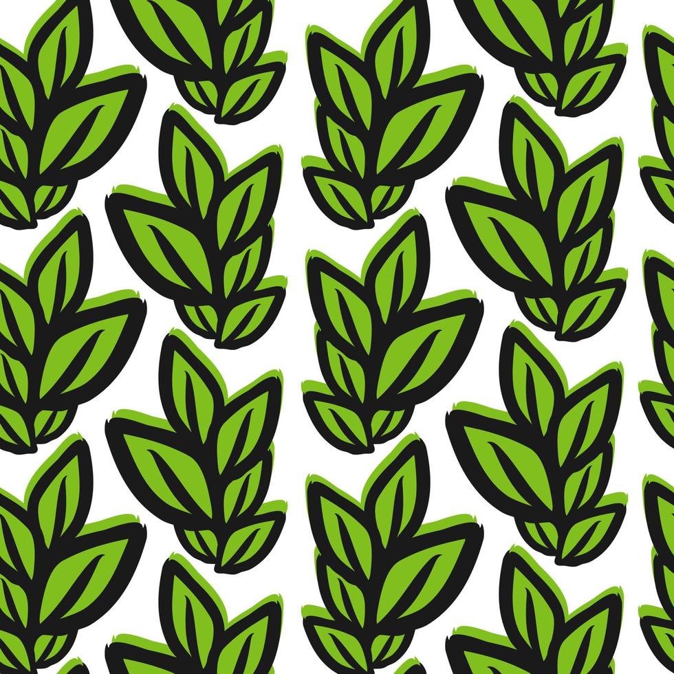 Seamless floral pattern. Simple outline vector illustration. Graphic fabric print template. Doodle line art background with green leaves. Scrapbook or wrapping paper.