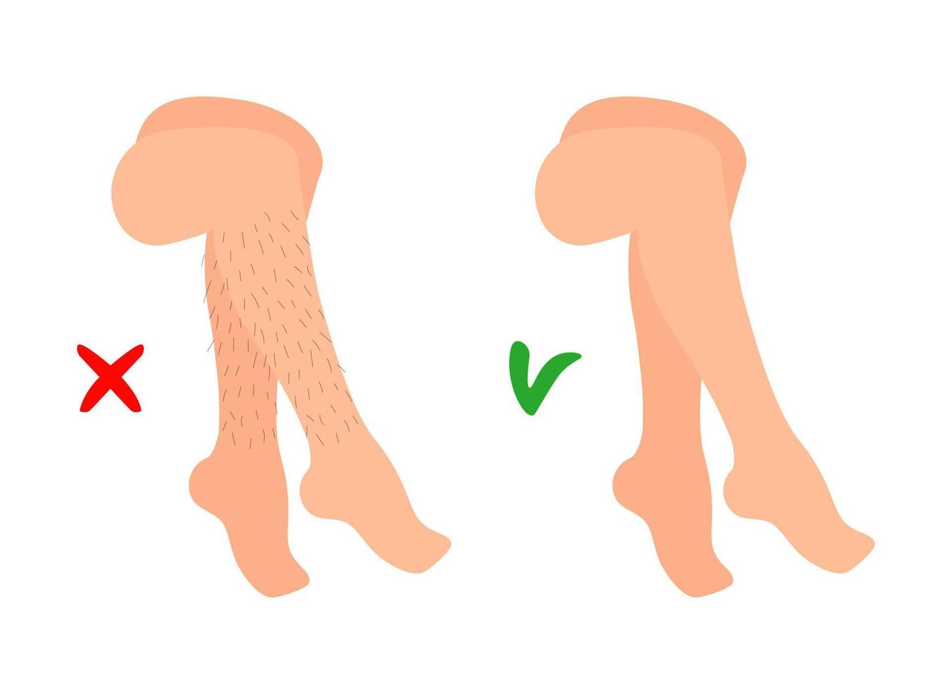 Woman legs before and after depilation. Cartoon isolated hair removal concept illustration. Vector beauty salon procedure.