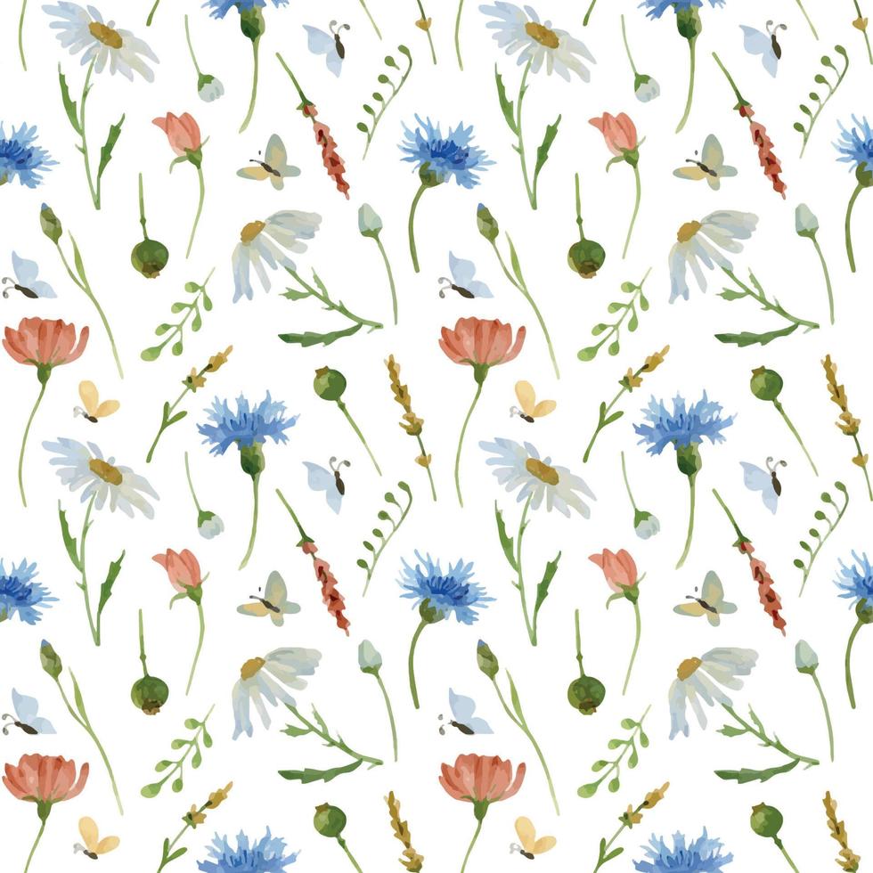 Flower Watercolor Seamless Pattern. Hand drawn Floral vector Background with different meadow plants. Ornament with white chamomiles and cornflowers. Design for wrapping paper, fabric or scrapbooking