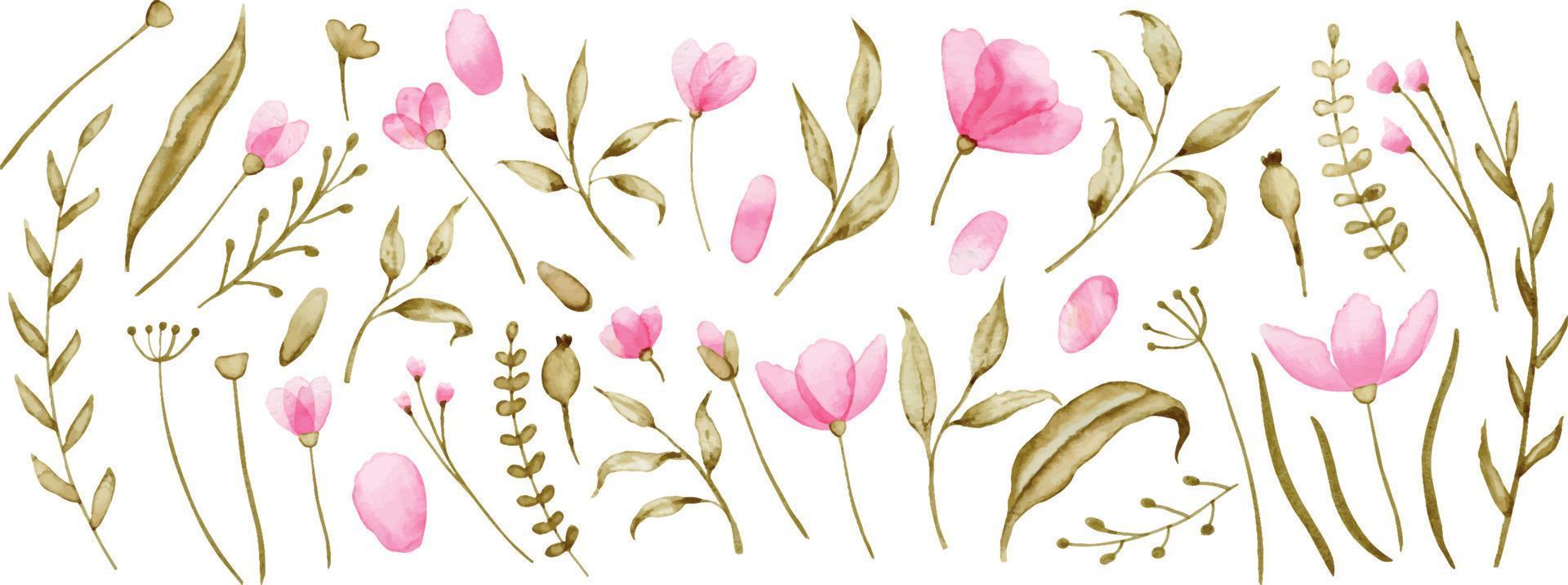 Watercolor wild pink Flowers and green leaves. Hand painted Floral vector set. Botanic collection on white isolated background