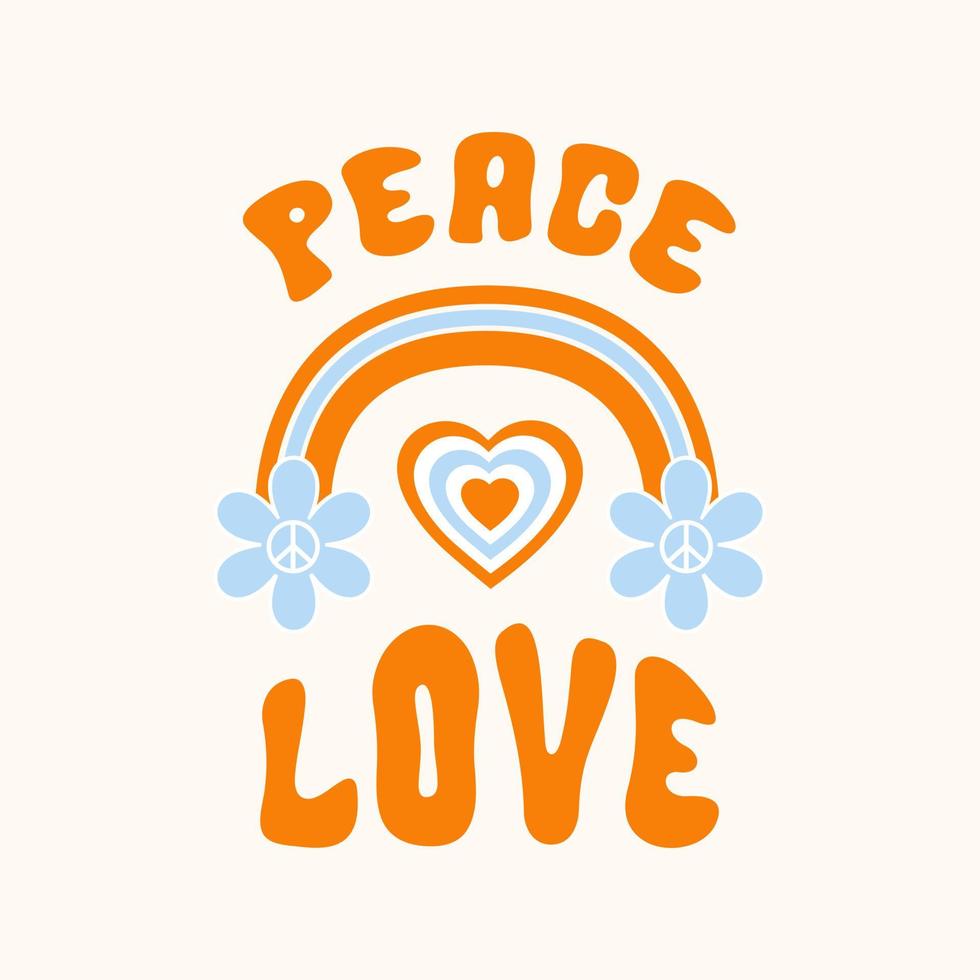 Ilustración de vector de amor de paz con arco iris, flores y corazón. linda impresión gráfica vintage para camisetas, carteles, diseño de tarjetas.