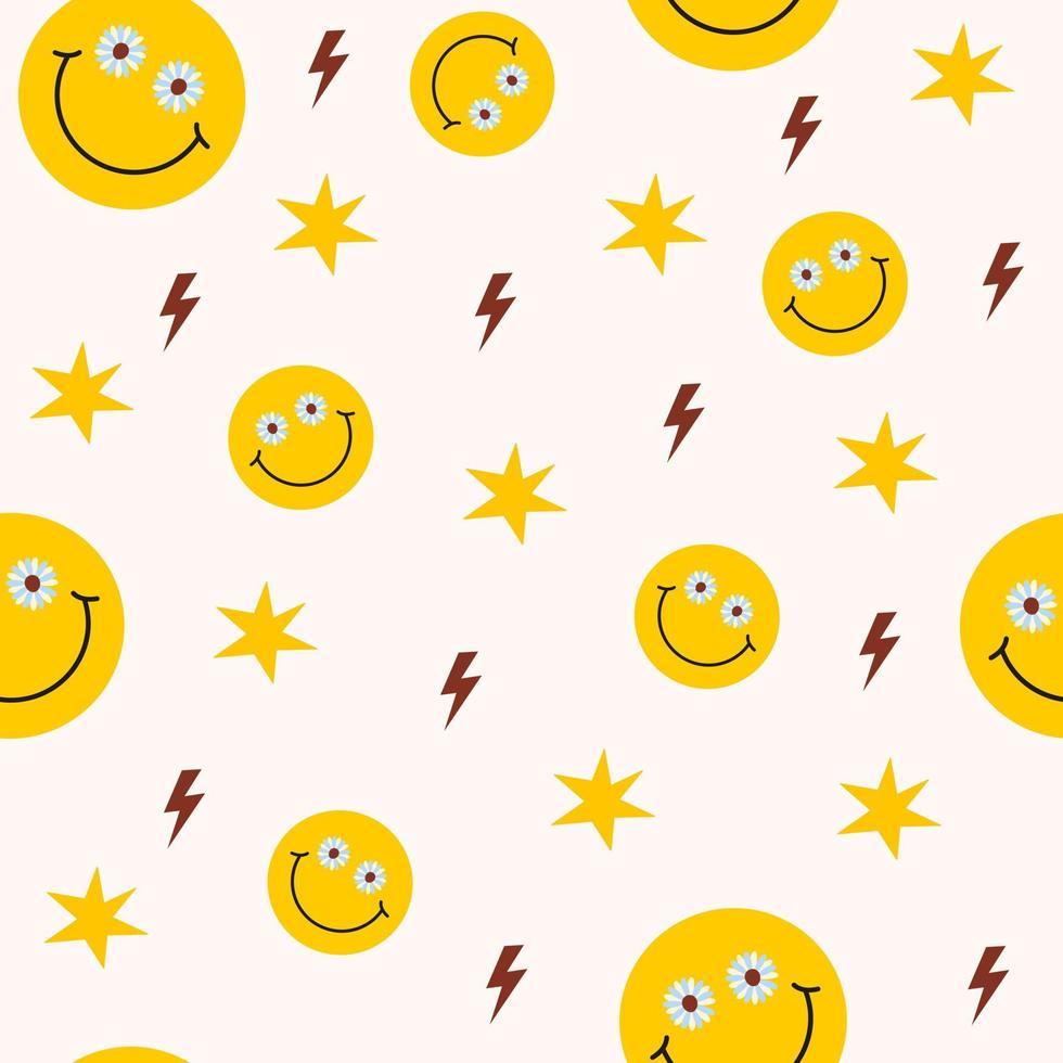 Retro groovy seamless pattern with smiling faces and stars on a light background. Cute colorful trendy vector illustration in style 60s, 70s