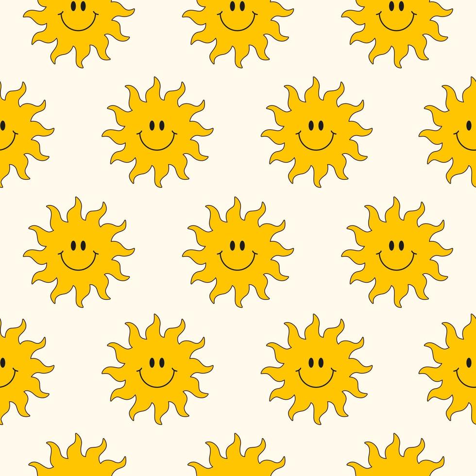 Cute seamless pattern with vintage smiling groovy sun on a light background. Funny hippie texture for surface design, wallpaper, fabric design. Vector illustration