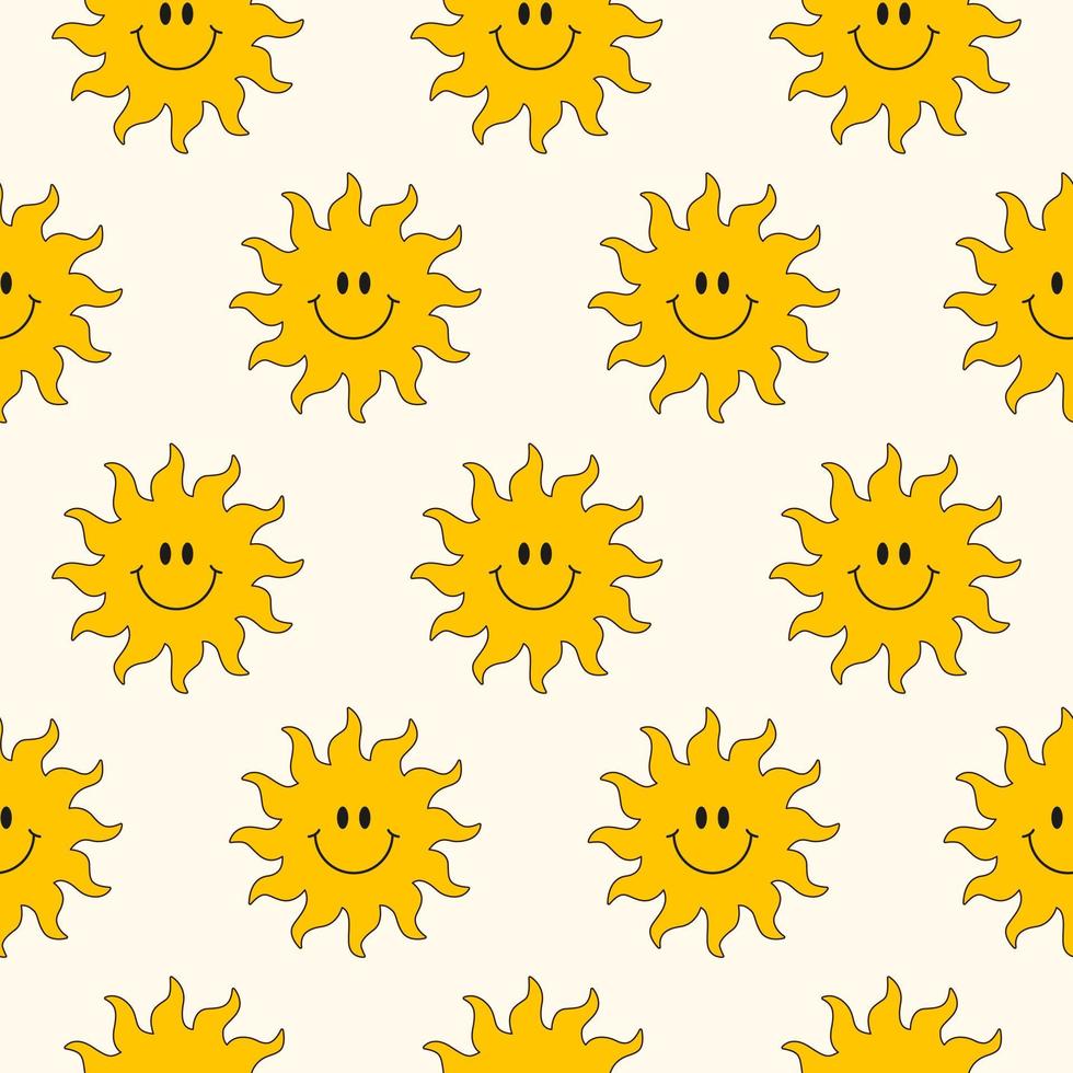 Cute seamless pattern with vintage smiling groovy sun on a light background. Funny hippie texture for surface design, wallpaper, fabric design. Vector illustration