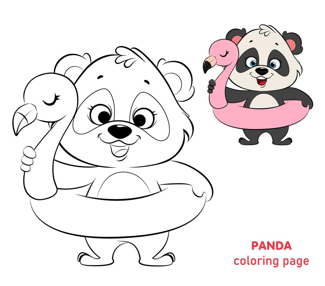 Panda with flamingo inflatable ring, coloring page vector