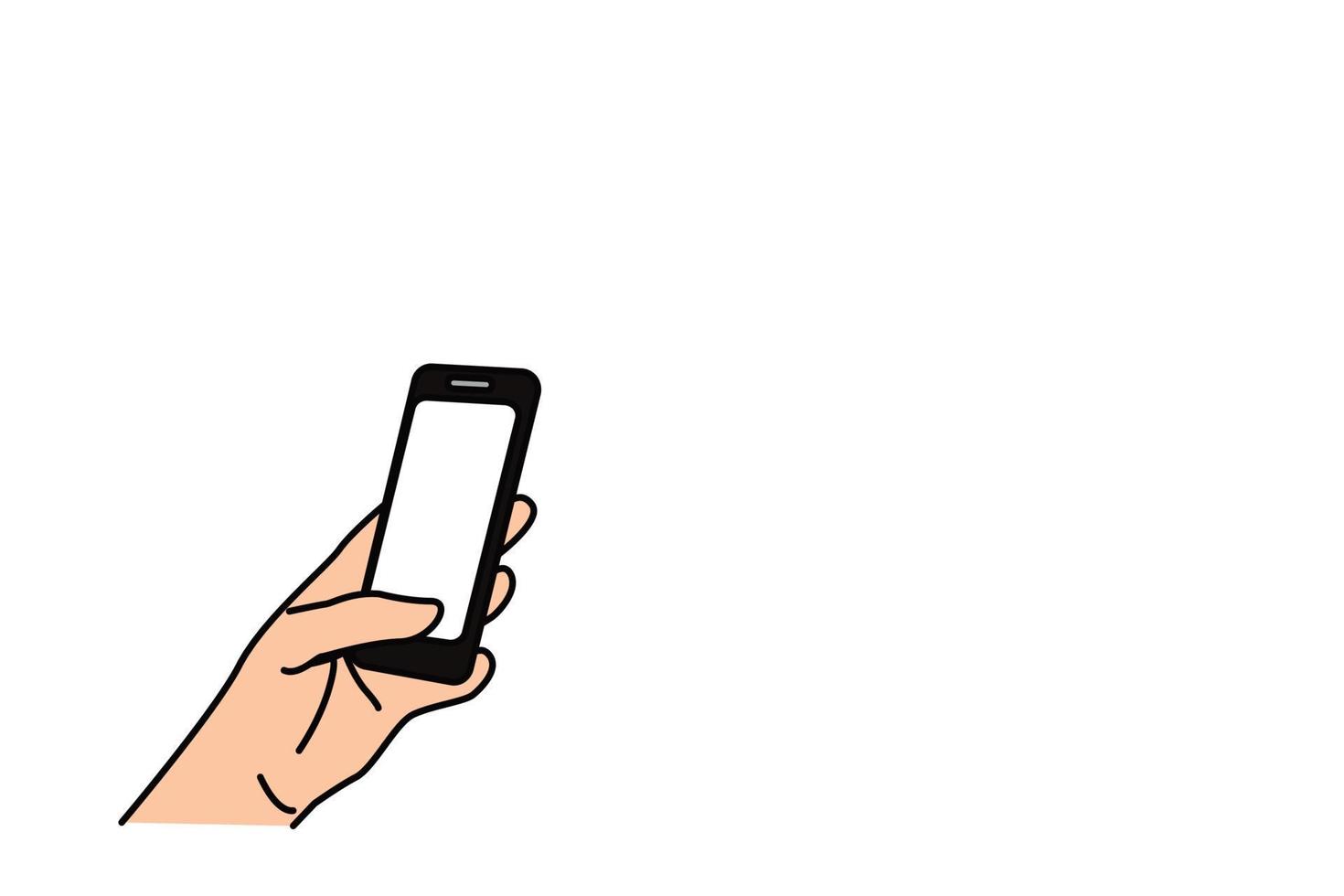 teléfono inteligente en la mano con el pulgar presionando la pantalla en blanco, ilustración vectorial aislada en el fondo blanco vector