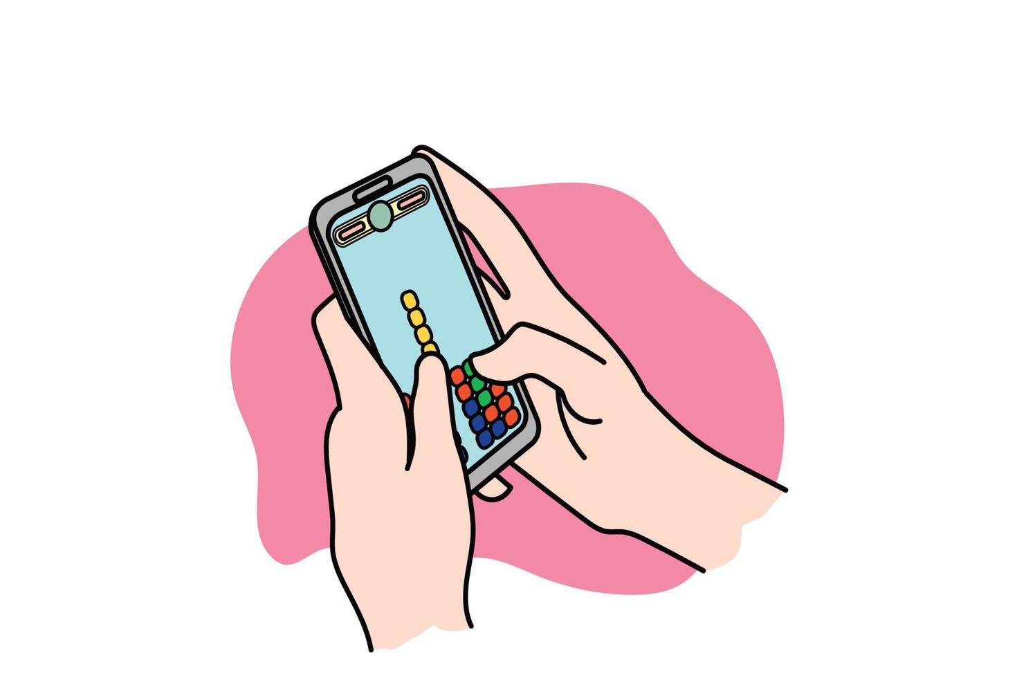 Hand holding a mobile phone playing puzzle game. Flat design vector