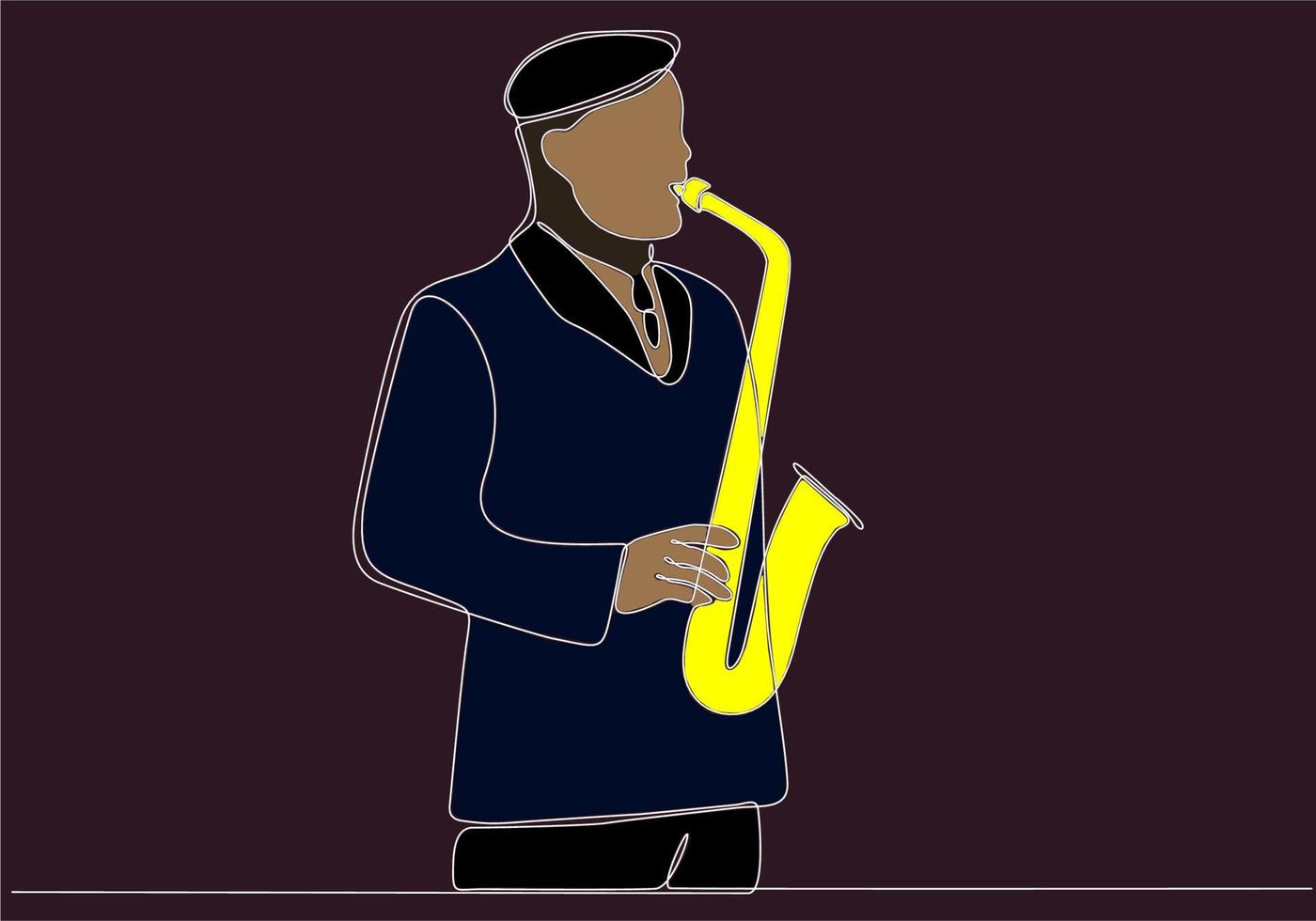 línea continua hombre soplando jazz saxofón instrumento estilo simple dibujado a mano música estilo vector ilustración