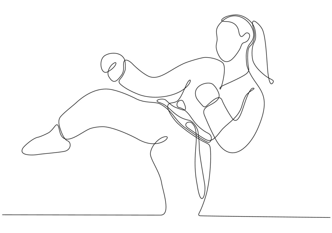 dibujo de una sola línea de una joven karateka deportiva en uniforme de combate con cinturón ejerciendo artes marciales en la ilustración vectorial del gimnasio. concepto de estilo de vida deportivo saludable. dibujo lineal continuo moderno vector